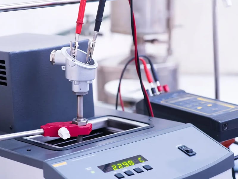 A lab setup featuring a viscometer with attached probes and wires on a benchtop
