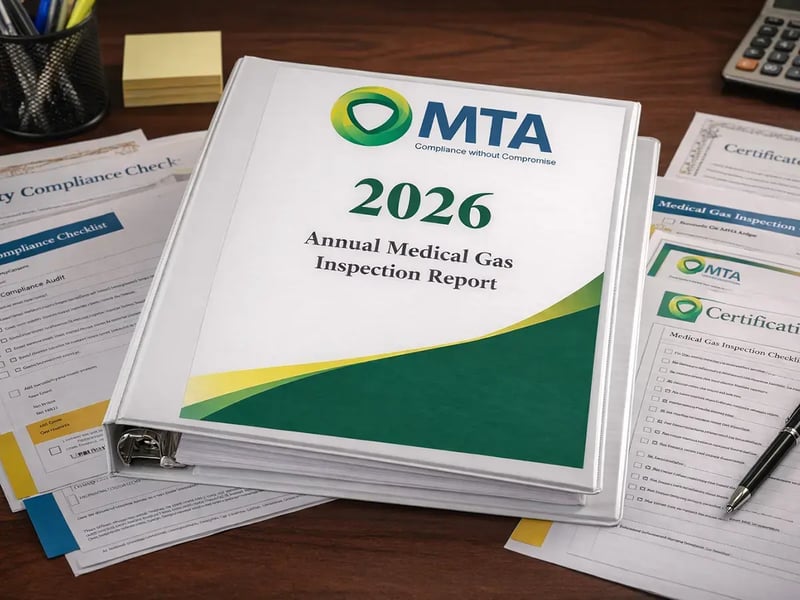 A large binder labeled 2026 Annual Medical Gas Inspection Report sits on a cluttered wooden desk