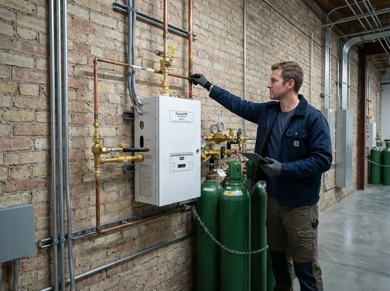 A man in a work jacket and gloves inspects industrial gas cylinders connected to a control unit on a brick wall
