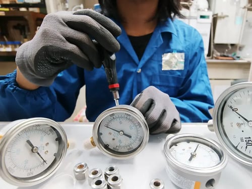 A person in a blue lab coat uses a screwdriver to adjust a pressure gauge
