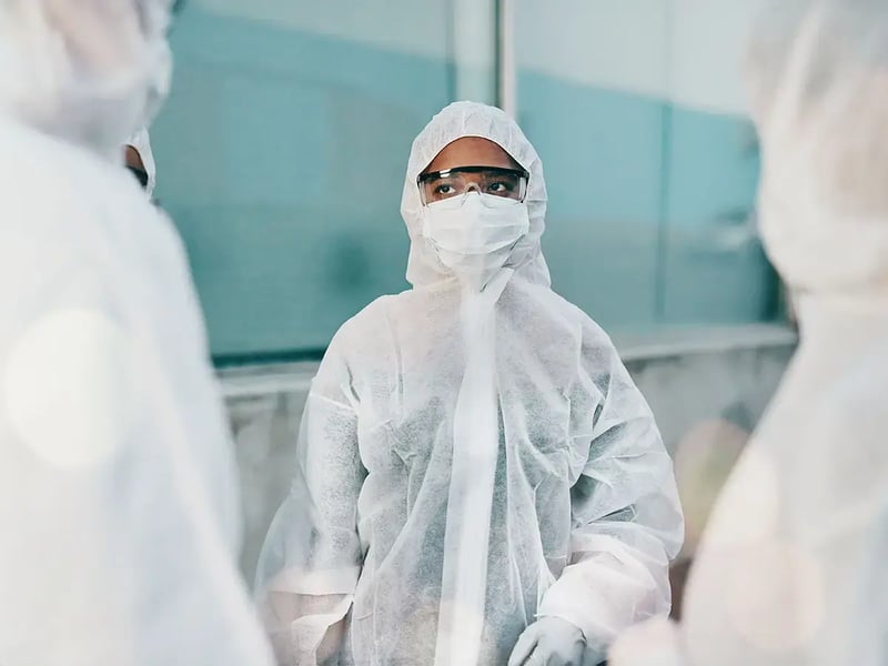 A person in a white protective suit, mask, and goggles stands focused between two others in similar attire