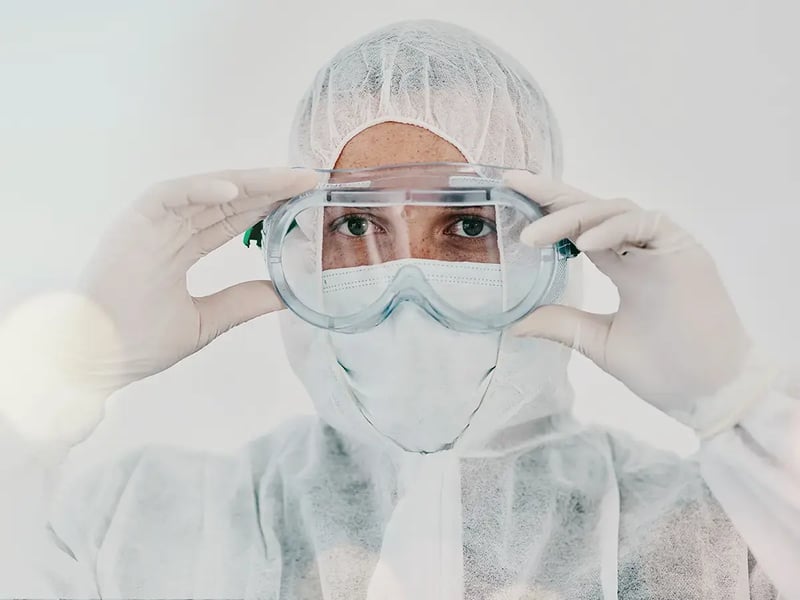 A person in full protective gear, including goggles, mask, and white suit, adjusts eyewear.
