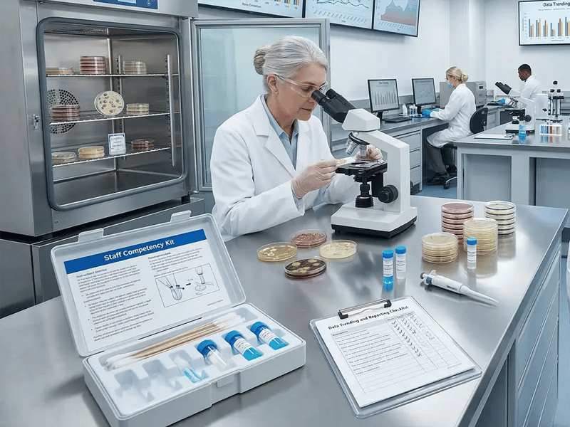 A scientist in a lab coat examines samples under a microscope in a modern laboratory