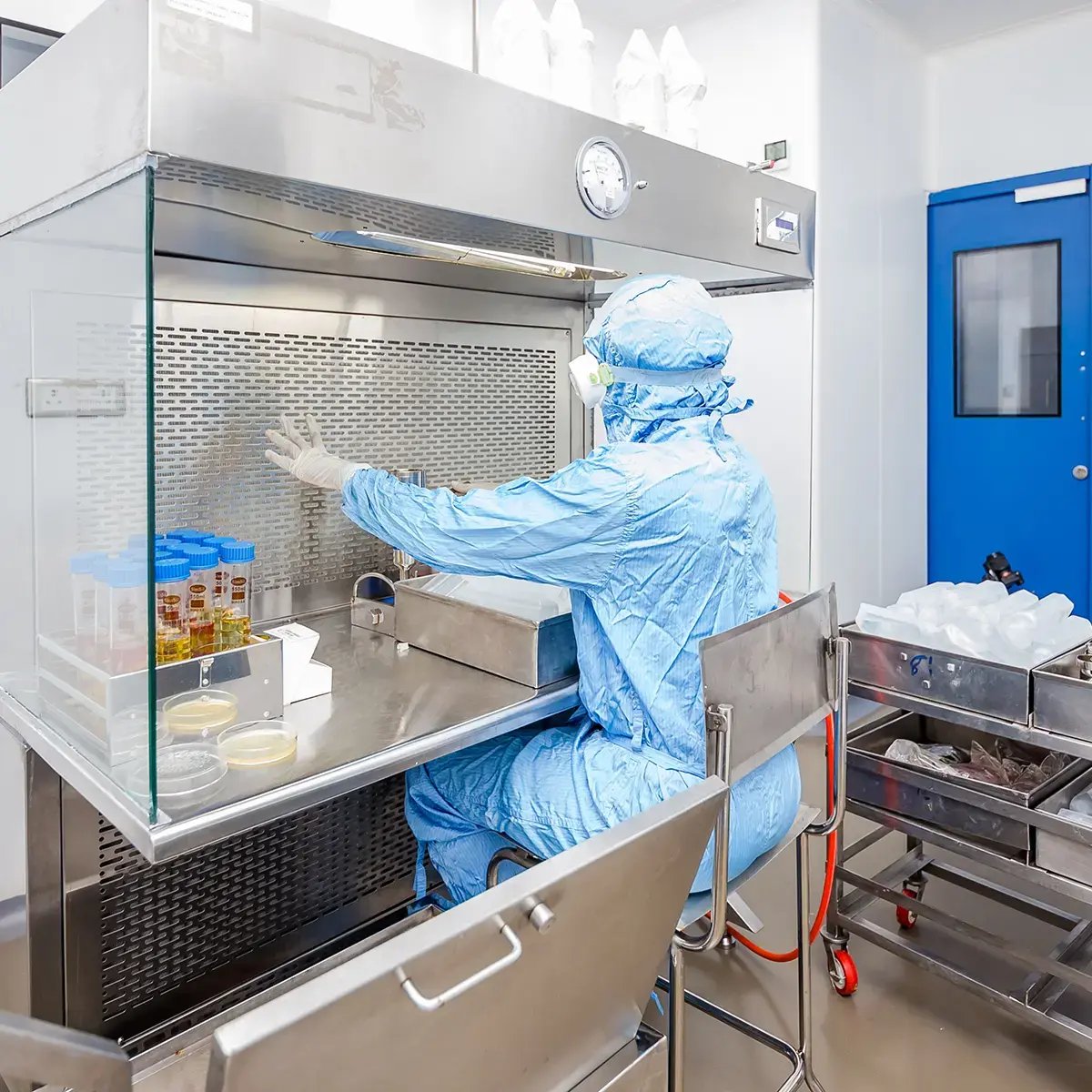 A scientist in blue protective gear works in a sterile lab, handling samples inside a ventilated hood