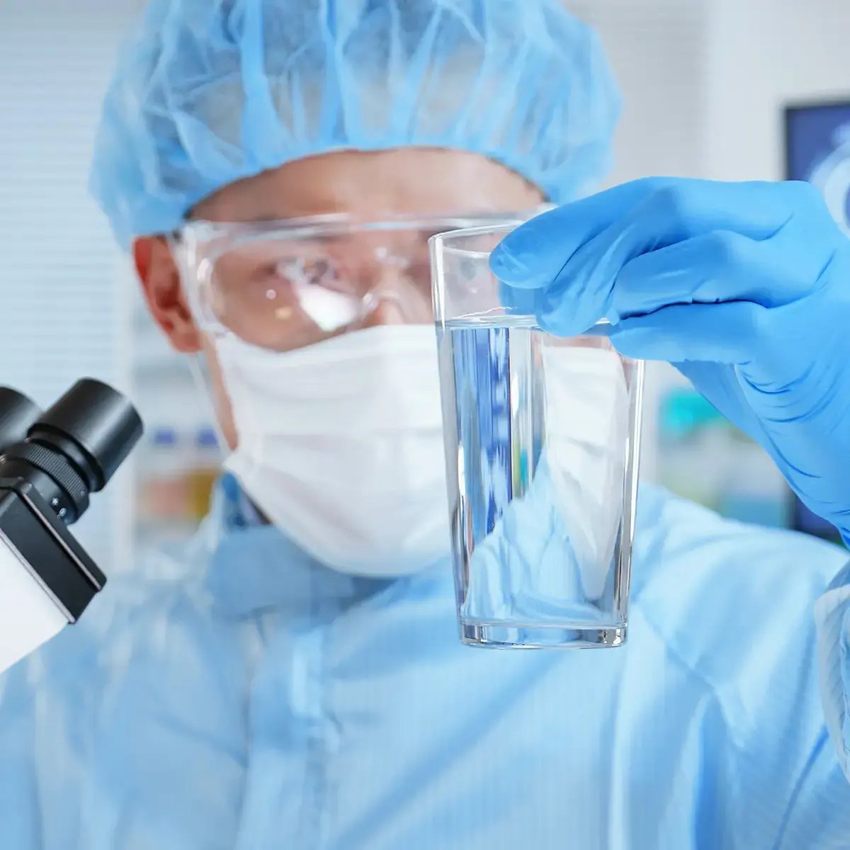 A scientist in protective gear and gloves examines a glass of clear water intently