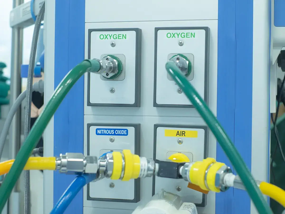 Medical gas supply panel with oxygen, nitrous oxide, and air outlets