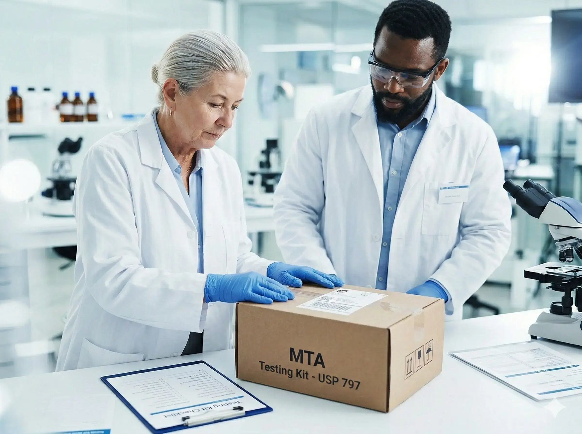 Two laboratory technicians in white coats handle a package labeled MTA Testing Kit on a table, with lab equipment in the background.