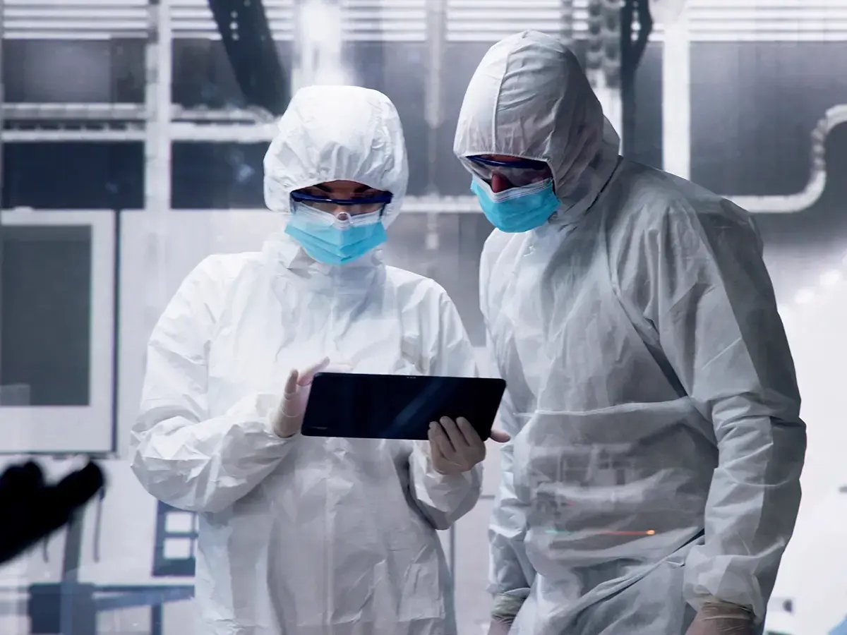 Two people in white protective suits and blue masks stand in a cleanroom, examining a tablet